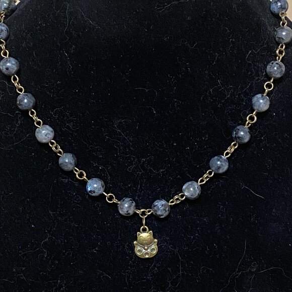 Natural Dark Larvikite Necklace, Bronze Fortune Cat + Genuine Gemstone Choker - Picture 3 of 14